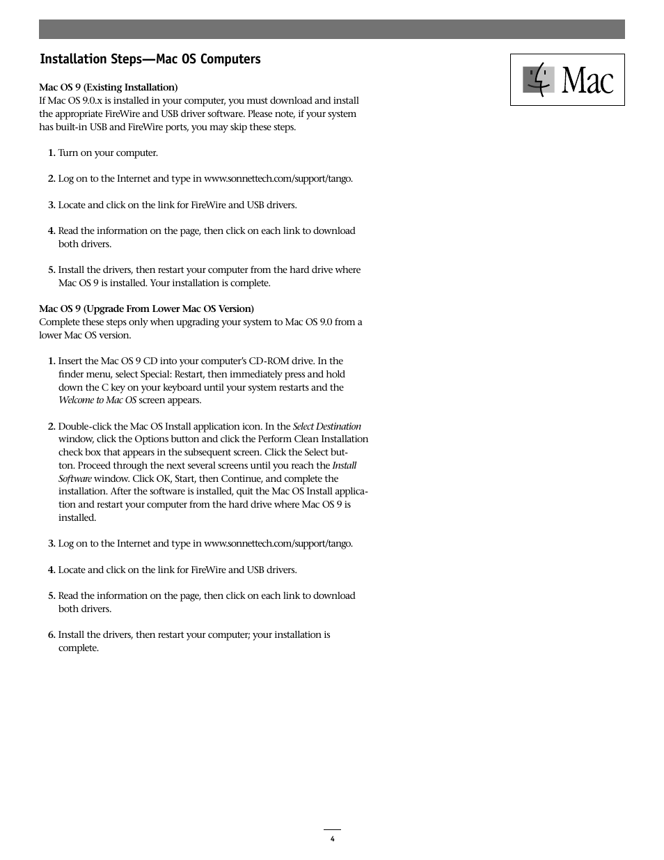 Installation steps—mac os computers | Sonnet Technologies Tango 2.0 FireWire_USB 1.1_2.0 PCI Combo Adapter Card User Manual | Page 4 / 6