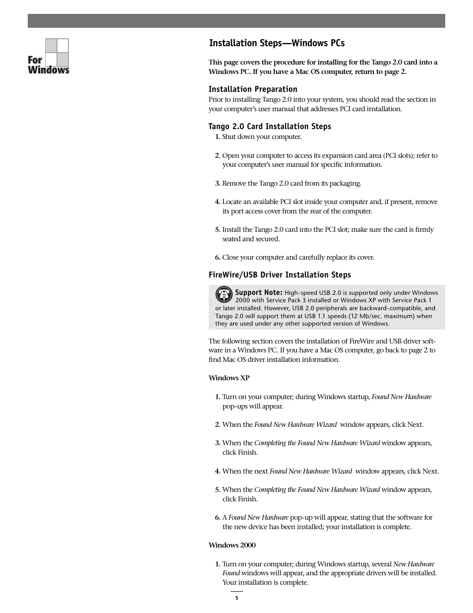 For windows, Installation steps—windows pcs | Sonnet Technologies Tango 2.0 FireWire_USB 1.1_2.0 PCI Combo Adapter Card User Manual | Page 5 / 6