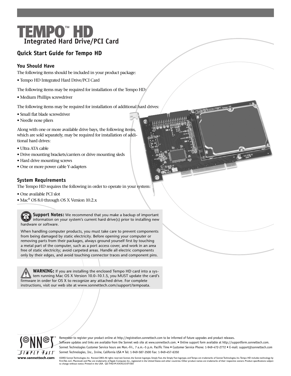 Tempo, Integrated hard drive/pci card, Quick start guide for tempo hd | Sonnet Technologies Tempo HD (With or Without Drive) Mac Version User Manual | Page 3 / 9