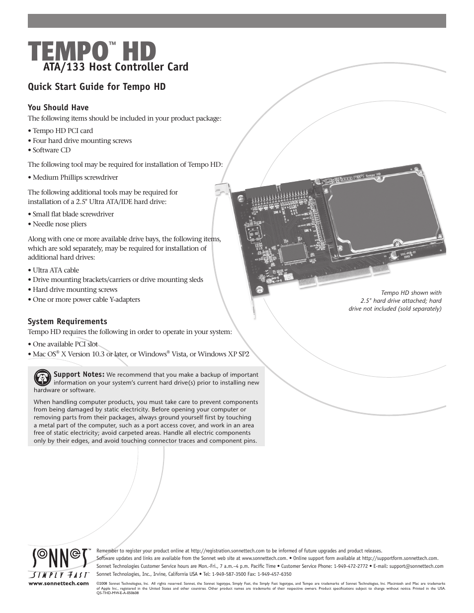 Sonnet Technologies Tempo HD (With or Without Drive) Mac Version User Manual | 6 pages