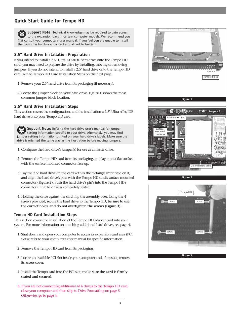 Quick start guide for tempo hd, 5" hard drive installation preparation, 5" hard drive installation steps | Tempo hd card installation steps | Sonnet Technologies Tempo HD (With or Without Drive) Mac Version User Manual | Page 3 / 6