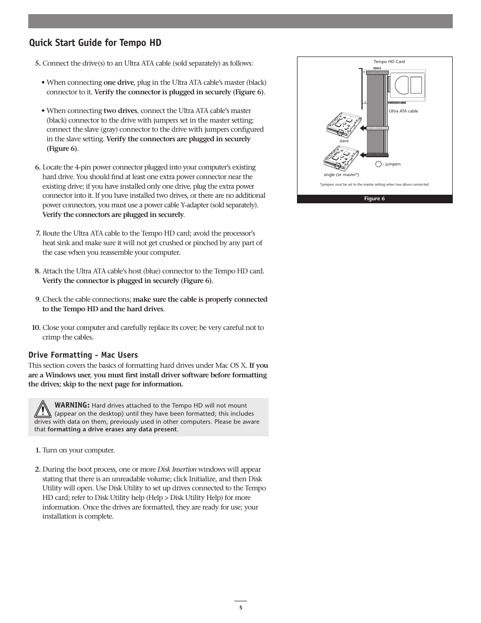 Quick start guide for tempo hd, Drive formatting - mac users | Sonnet Technologies Tempo HD (With or Without Drive) Mac Version User Manual | Page 5 / 6