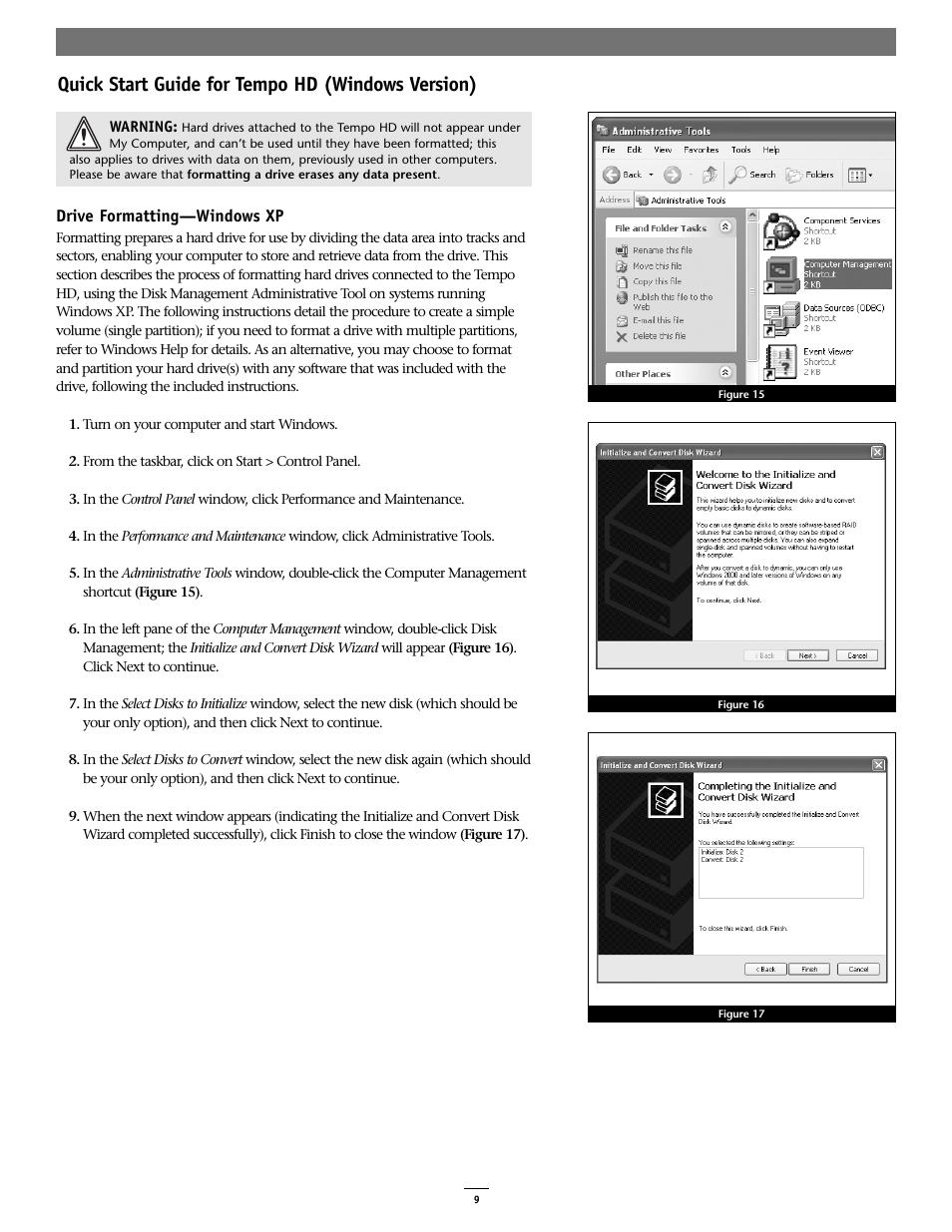 Quick start guide for tempo hd (windows version), Drive formatting—windows xp | Sonnet Technologies Tempo HD (With or Without Drive) Windows Version User Manual | Page 11 / 12