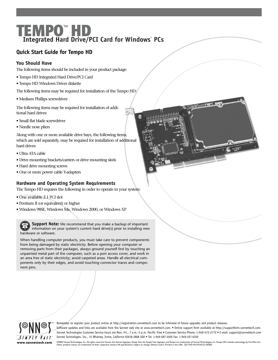 Tempo, Integrated hard drive/pci card for windows, Quick start guide for tempo hd | Sonnet Technologies Tempo HD (With or Without Drive) Windows Version User Manual | Page 3 / 12