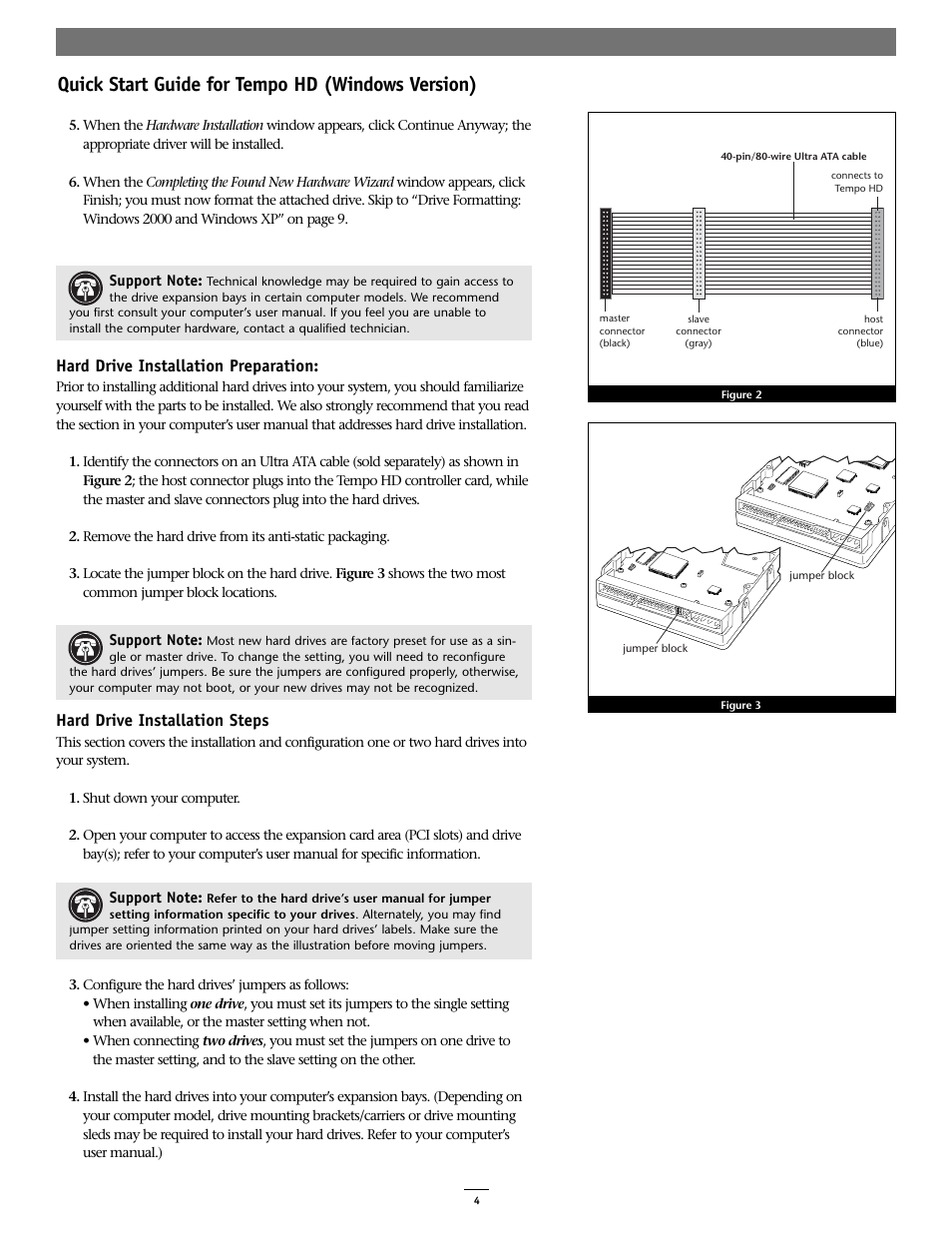 Quick start guide for tempo hd (windows version), Hard drive installation preparation, Hard drive installation steps | Sonnet Technologies Tempo HD (With or Without Drive) Windows Version User Manual | Page 6 / 12