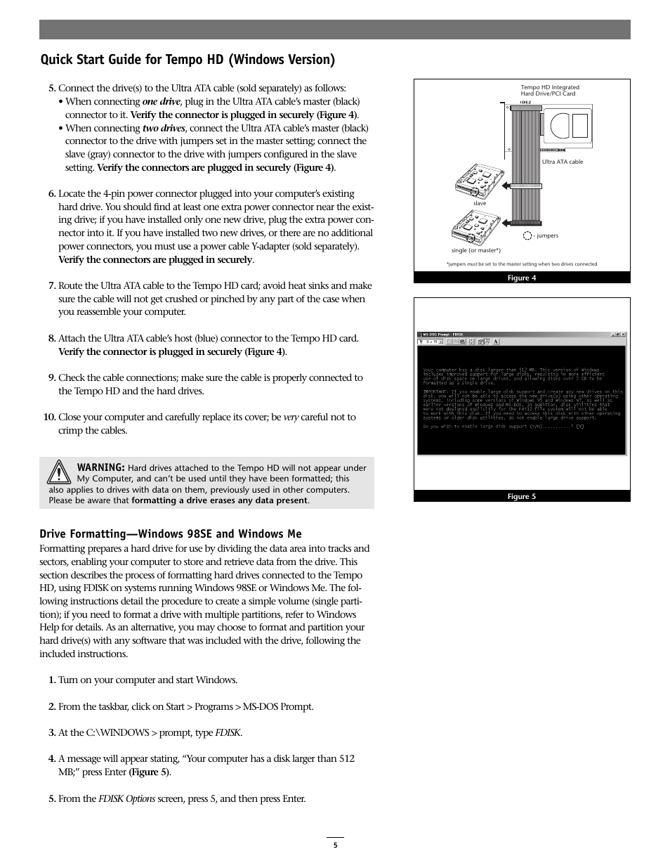 Quick start guide for tempo hd (windows version), Drive formatting—windows 98se and windows me | Sonnet Technologies Tempo HD (With or Without Drive) Windows Version User Manual | Page 7 / 12