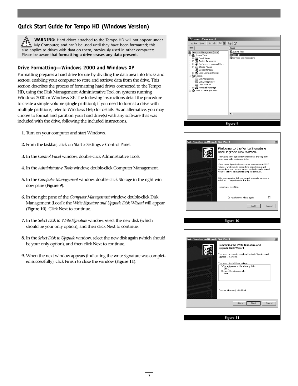 Quick start guide for tempo hd (windows version), Drive formatting—windows 2000 and windows xp | Sonnet Technologies Tempo HD (With or Without Drive) Windows Version User Manual | Page 9 / 12