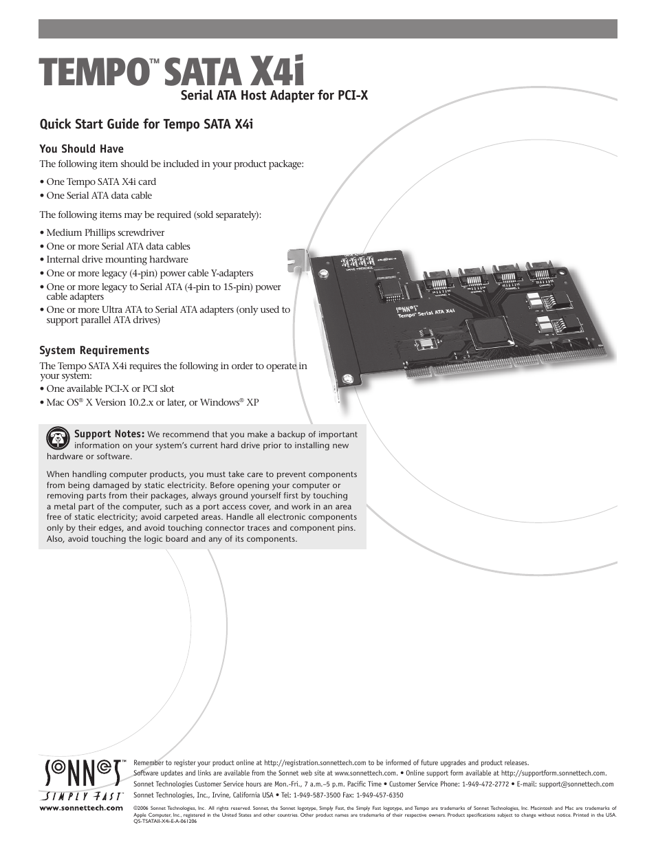 Sonnet Technologies Tempo SATA X4i Serial ATA Host Adapter Card User Manual | 7 pages