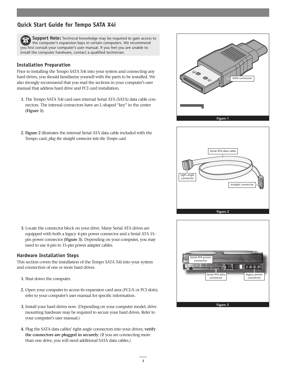 Quick start guide for tempo sata x4i, Installation preparation, Hardware installation steps | Sonnet Technologies Tempo SATA X4i Serial ATA Host Adapter Card User Manual | Page 2 / 7