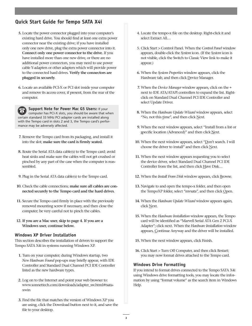 Quick start guide for tempo sata x4i | Sonnet Technologies Tempo SATA X4i Serial ATA Host Adapter Card User Manual | Page 3 / 7