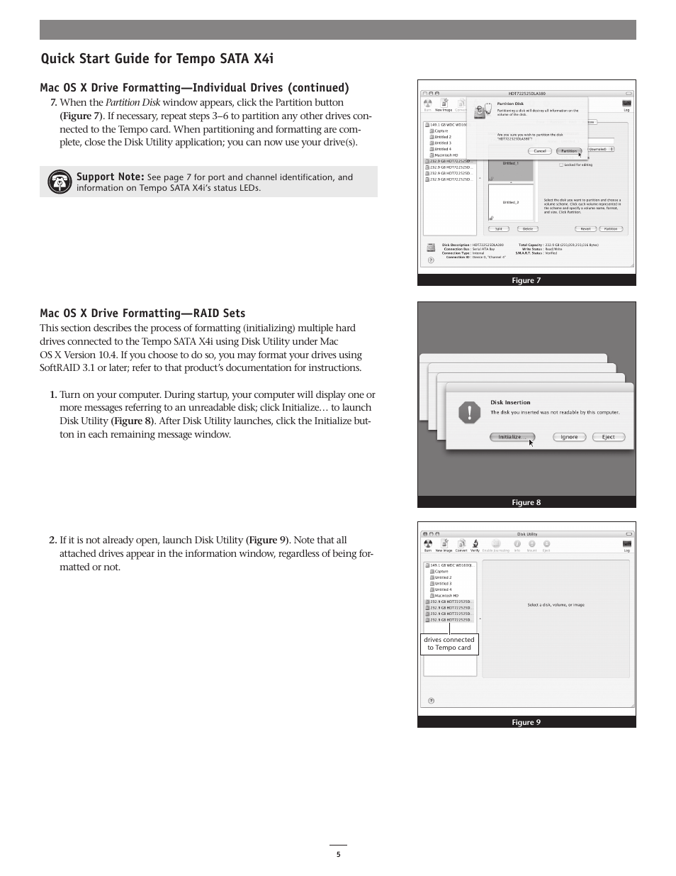 Quick start guide for tempo sata x4i, Mac os x drive formatting—raid sets | Sonnet Technologies Tempo SATA X4i Serial ATA Host Adapter Card User Manual | Page 5 / 7