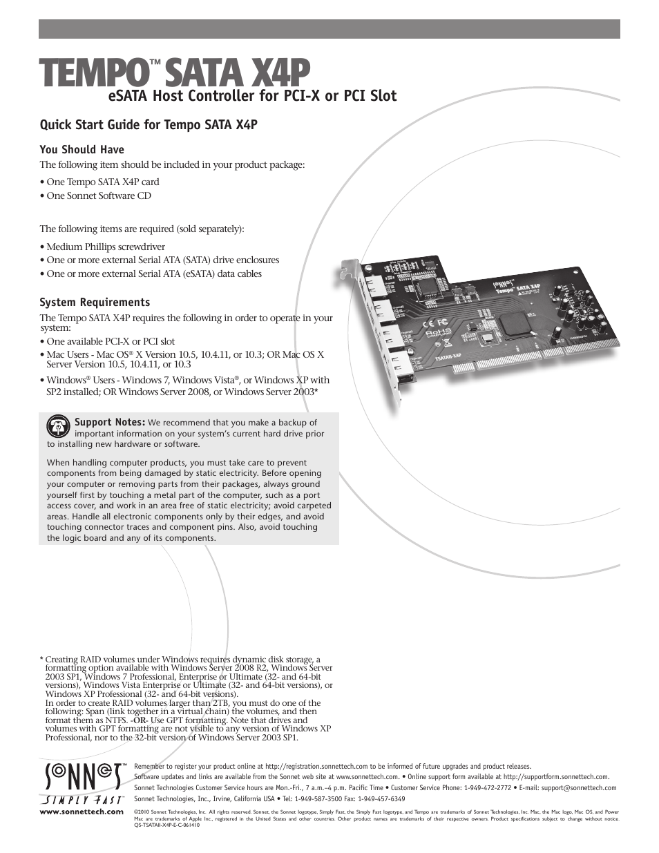 Sonnet Technologies Tempo SATA X4P Serial ATA Host Adapter User Manual | 8 pages