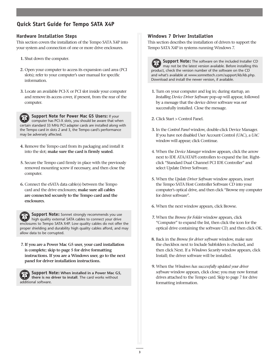 Quick start guide for tempo sata x4p | Sonnet Technologies Tempo SATA X4P Serial ATA Host Adapter User Manual | Page 3 / 8