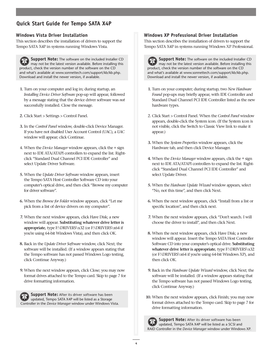 Quick start guide for tempo sata x4p | Sonnet Technologies Tempo SATA X4P Serial ATA Host Adapter User Manual | Page 4 / 8