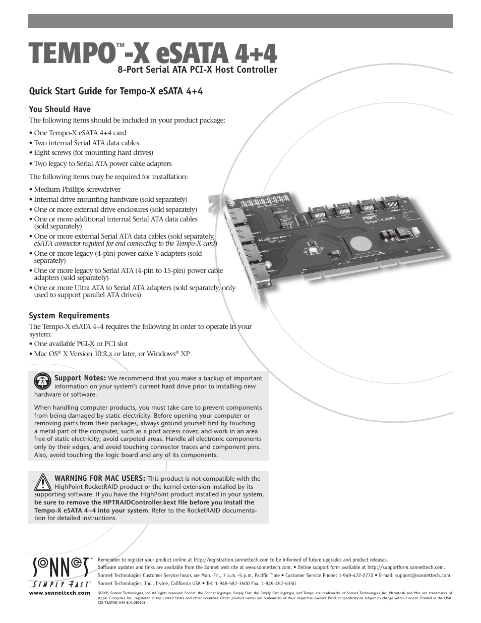 Sonnet Technologies Tempo-X eSATA 4+4 8-Port Serial ATA PCI-X Host Adapter Card User Manual | 8 pages