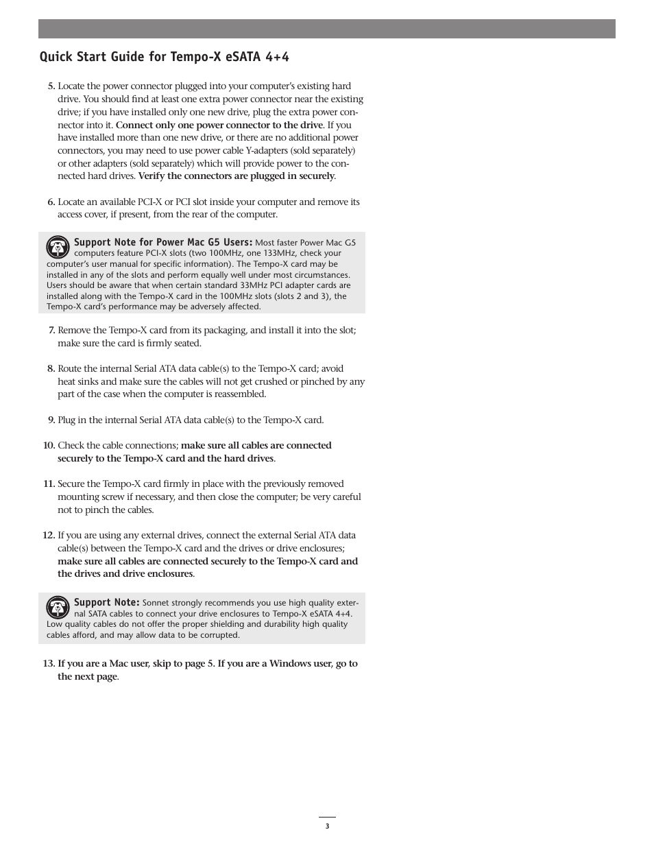 Quick start guide for tempo-x esata 4+4 | Sonnet Technologies Tempo-X eSATA 4+4 8-Port Serial ATA PCI-X Host Adapter Card User Manual | Page 3 / 8