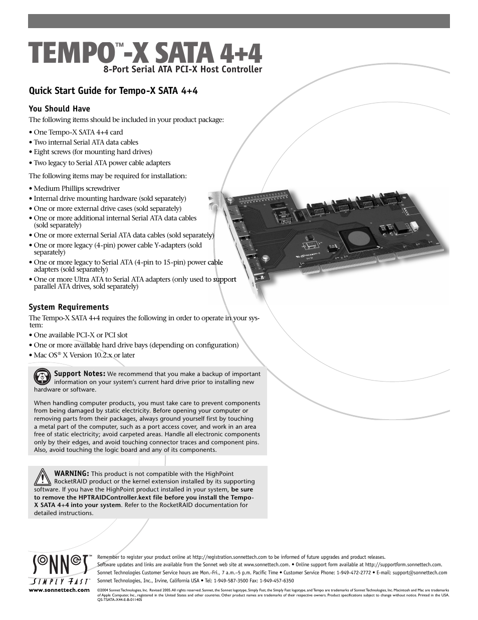 Sonnet Technologies Tempo-X SATA 4+4 8-Port Serial ATA PCI-X Host Adapter Card User Manual | 6 pages