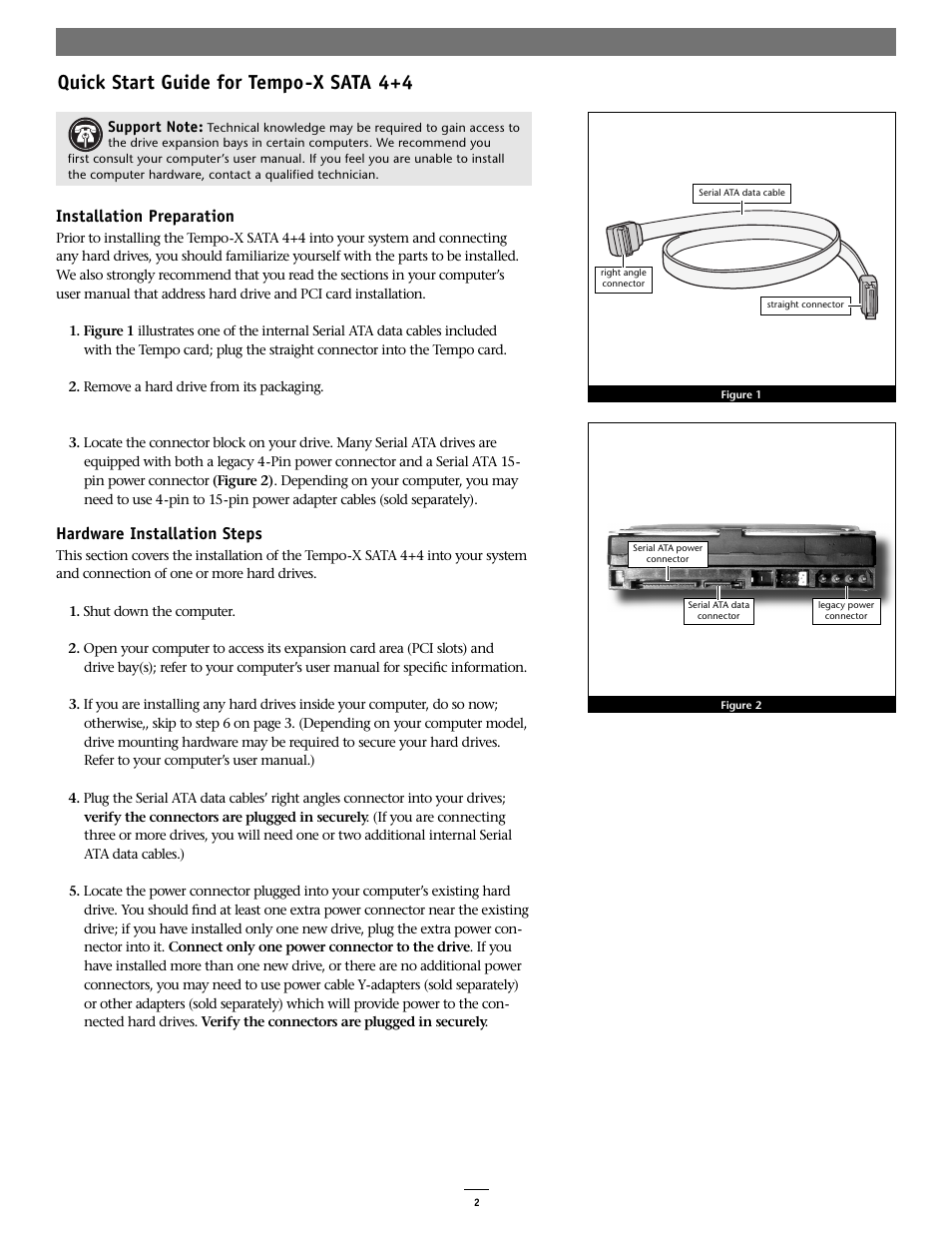 Quick start guide for tempo-x sata 4+4, Installation preparation, Hardware installation steps | Sonnet Technologies Tempo-X SATA 4+4 8-Port Serial ATA PCI-X Host Adapter Card User Manual | Page 2 / 6