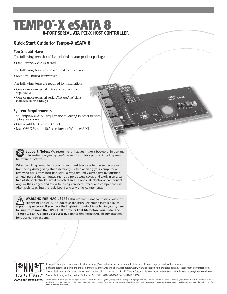Sonnet Technologies Tempo-X eSATA 8 8-Port Serial ATA PCI-X Host Adapter Card User Manual | 7 pages
