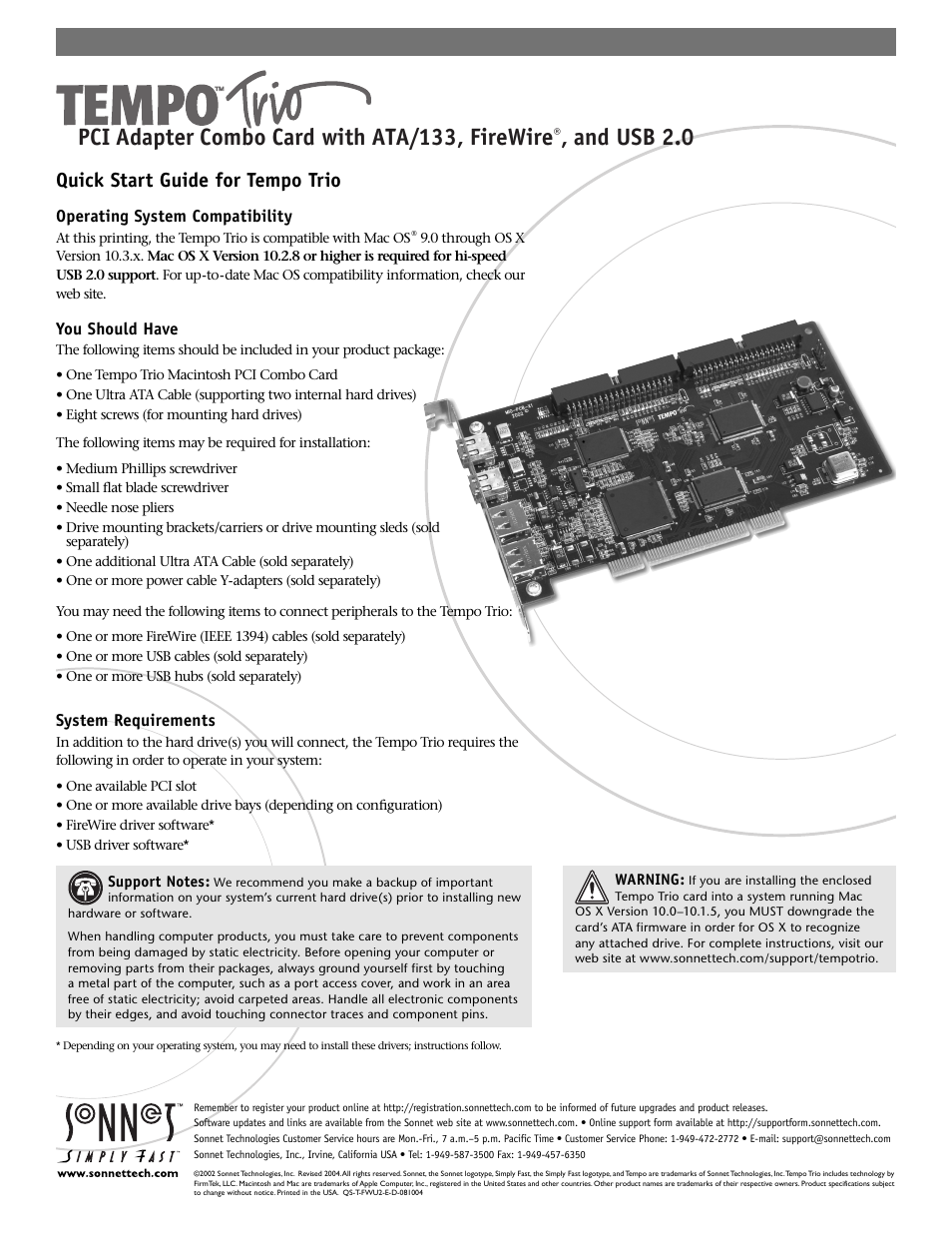 Sonnet Technologies Tempo Trio PCI Adapter Combo Card (Mac) User Manual | 9 pages