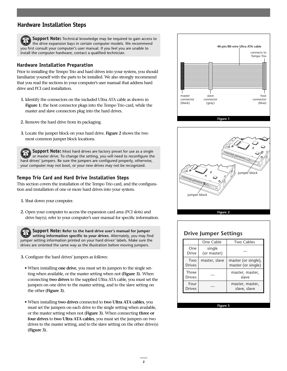 Hardware installation steps, Drive jumper settings, Hardware installation preparation | Tempo trio card and hard drive installation steps | Sonnet Technologies Tempo Trio PCI Adapter Combo Card (Mac) User Manual | Page 2 / 9