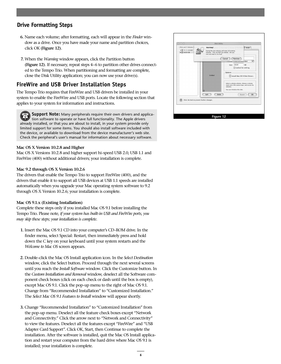 Drive formatting steps, Firewire and usb driver installation steps | Sonnet Technologies Tempo Trio PCI Adapter Combo Card (Mac) User Manual | Page 6 / 9