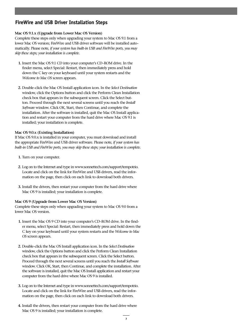 Firewire and usb driver installation steps | Sonnet Technologies Tempo Trio PCI Adapter Combo Card (Mac) User Manual | Page 7 / 9