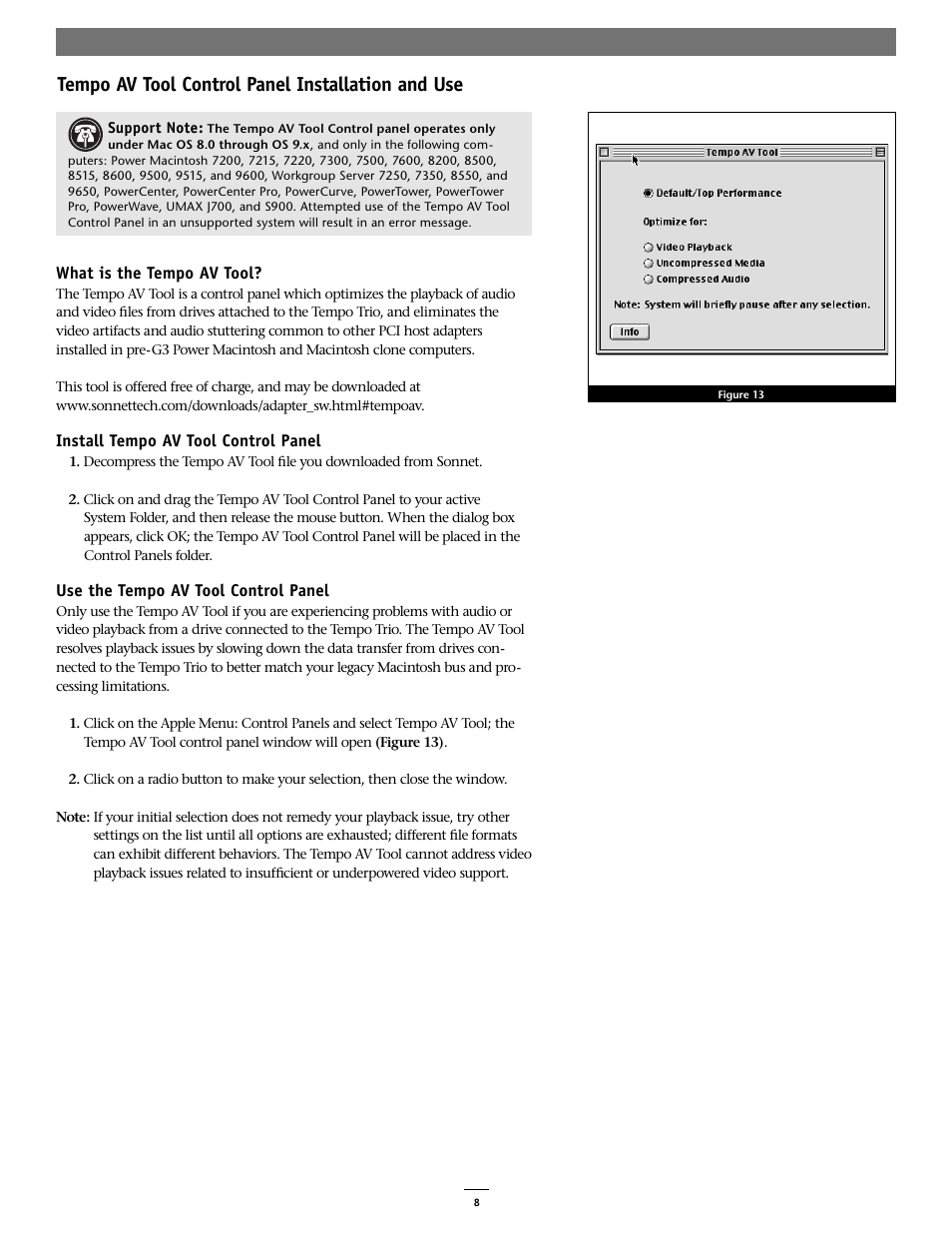 Tempo av tool control panel installation and use | Sonnet Technologies Tempo Trio PCI Adapter Combo Card (Mac) User Manual | Page 8 / 9