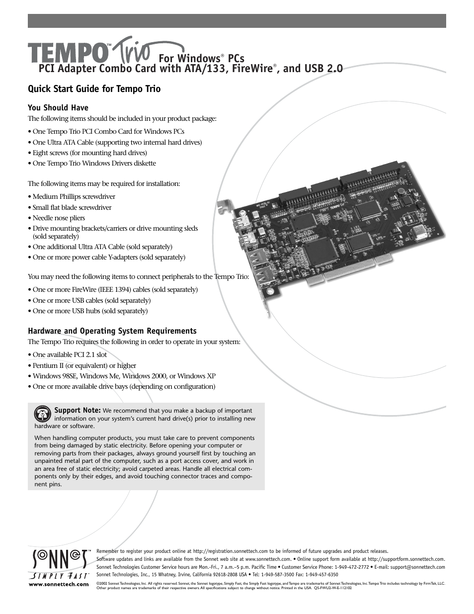 Sonnet Technologies Tempo Trio PCI Adapter Combo Card (Windows) User Manual | 16 pages