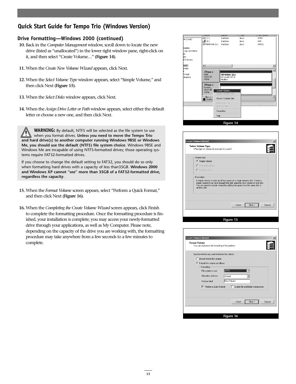 Quick start guide for tempo trio (windows version), Drive formatting—windows 2000 (continued) | Sonnet Technologies Tempo Trio PCI Adapter Combo Card (Windows) User Manual | Page 13 / 16