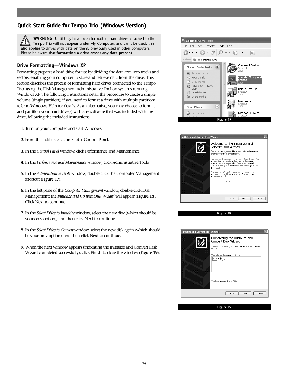 Quick start guide for tempo trio (windows version), Drive formatting—windows xp | Sonnet Technologies Tempo Trio PCI Adapter Combo Card (Windows) User Manual | Page 14 / 16
