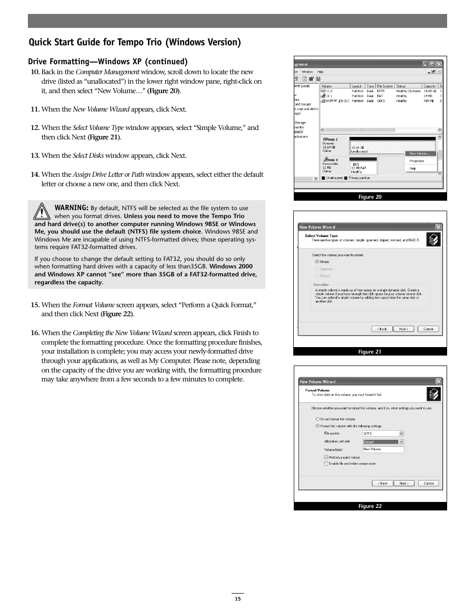 Quick start guide for tempo trio (windows version), Drive formatting—windows xp (continued) | Sonnet Technologies Tempo Trio PCI Adapter Combo Card (Windows) User Manual | Page 15 / 16