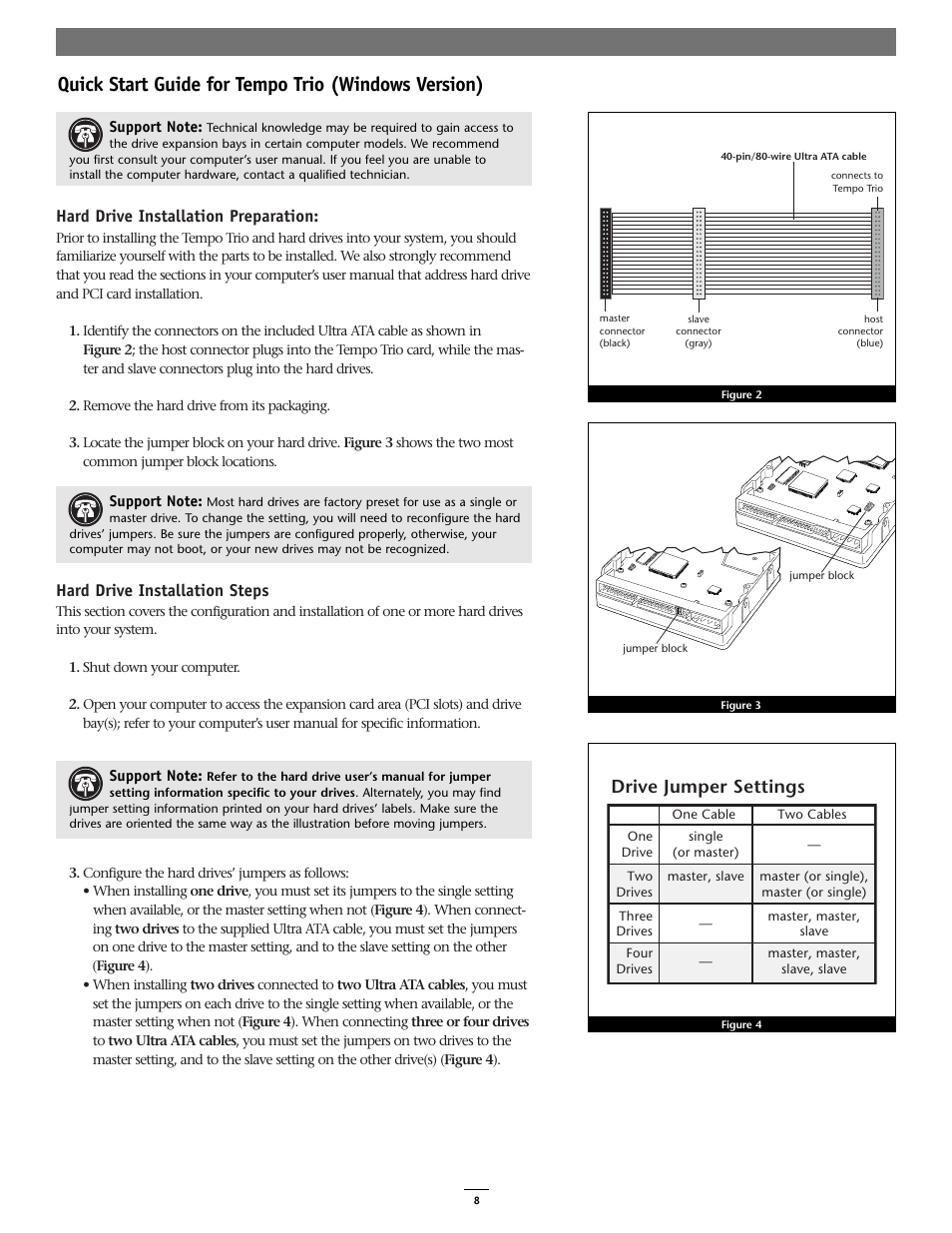 Quick start guide for tempo trio (windows version), Drive jumper settings, Hard drive installation preparation | Hard drive installation steps | Sonnet Technologies Tempo Trio PCI Adapter Combo Card (Windows) User Manual | Page 8 / 16