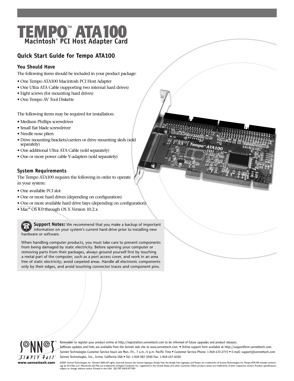 Sonnet Technologies Tempo ATA100 PCI Host Adapter Card User Manual | 6 pages