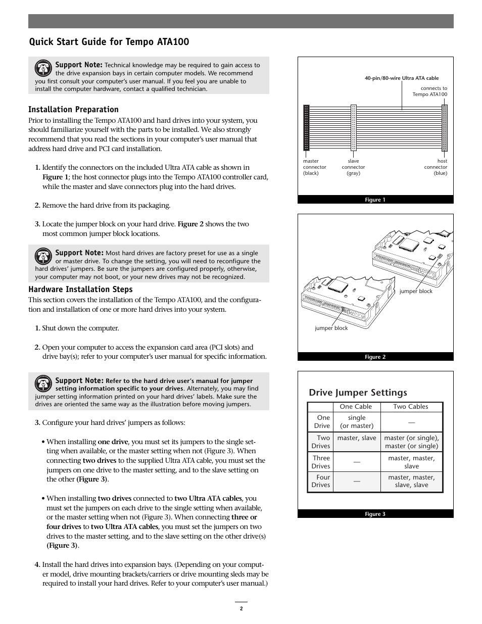 Quick start guide for tempo ata100, Drive jumper settings, Installation preparation | Hardware installation steps | Sonnet Technologies Tempo ATA100 PCI Host Adapter Card User Manual | Page 2 / 6