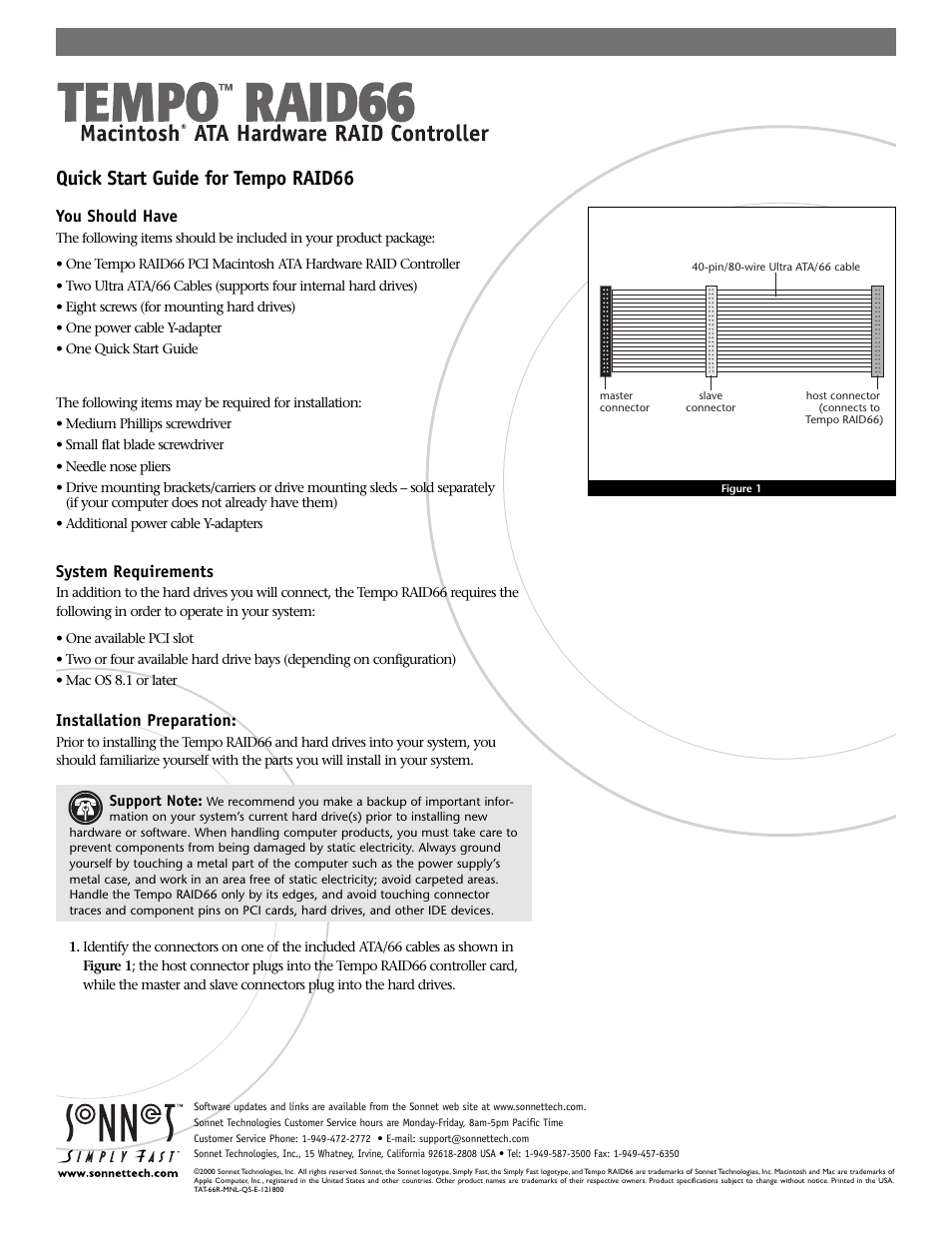 Sonnet Technologies Tempo RAID66 ATA Hardware RAID Controller Card User Manual | 6 pages