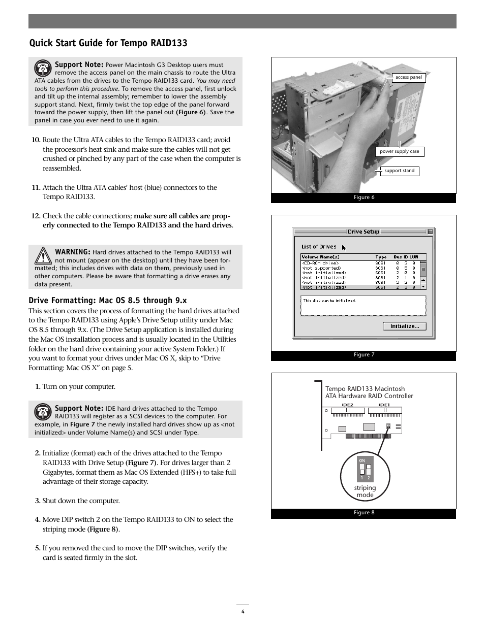 Quick start guide for tempo raid133, Drive formatting: mac os 8.5 through 9.x | Sonnet Technologies Tempo RAID133 ATA Hardware RAID Controller Card User Manual | Page 4 / 8