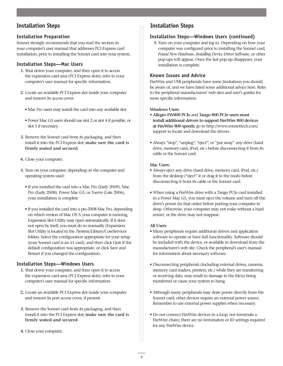 Installation steps | Sonnet Technologies Tango 800 PCIe User Manual | Page 2 / 2