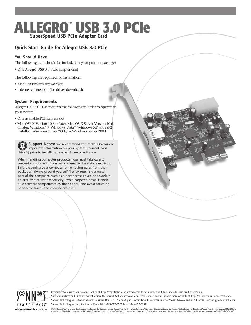 Sonnet Technologies Allegro USB 3.0 PCIe User Manual | 3 pages