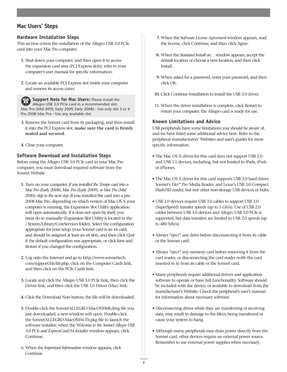 Mac users’ steps | Sonnet Technologies Allegro USB 3.0 PCIe User Manual | Page 2 / 3