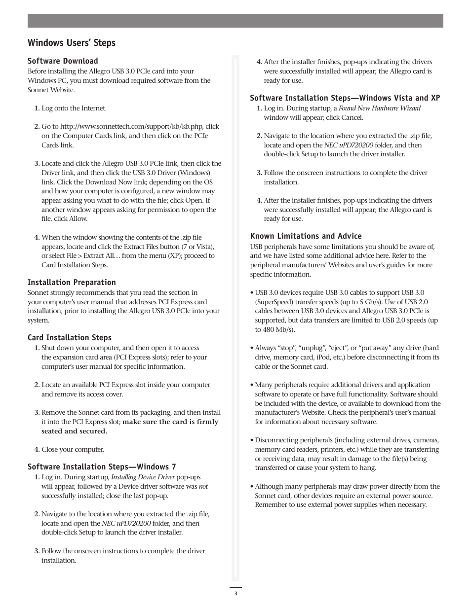 Windows users’ steps | Sonnet Technologies Allegro USB 3.0 PCIe User Manual | Page 3 / 3