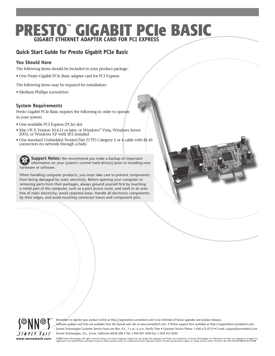 Sonnet Technologies Presto Gigabit PCIe Basic Gigabit Ethernet Adapter Card User Manual | 3 pages