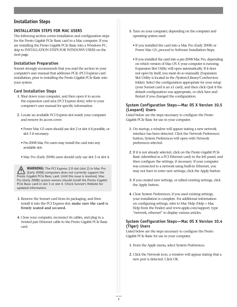 Installation steps | Sonnet Technologies Presto Gigabit PCIe Basic Gigabit Ethernet Adapter Card User Manual | Page 2 / 3
