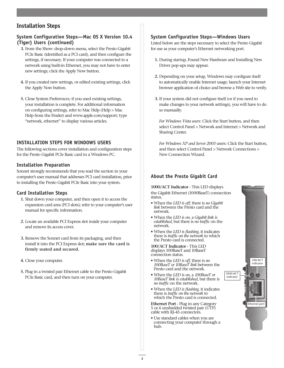 Installation steps | Sonnet Technologies Presto Gigabit PCIe Basic Gigabit Ethernet Adapter Card User Manual | Page 3 / 3