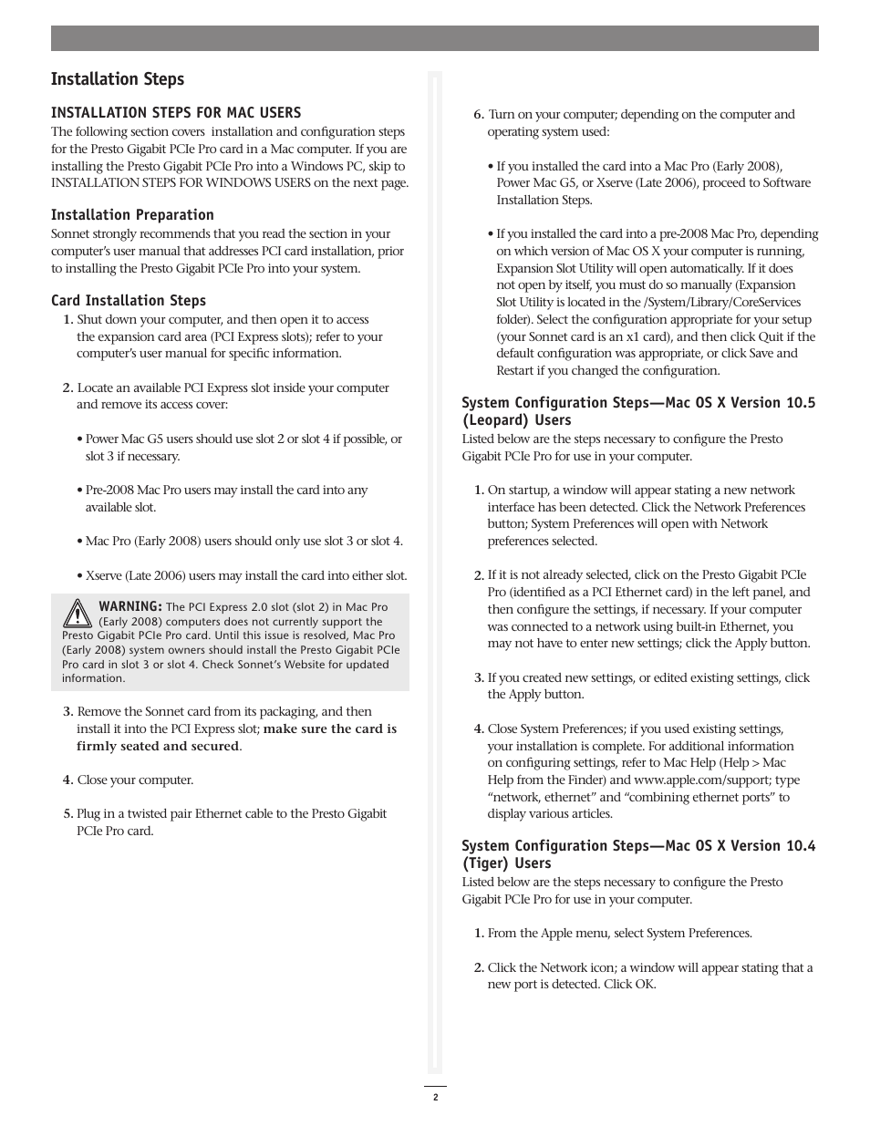 Installation steps | Sonnet Technologies Presto Gigabit PCIe Pro Gigabit Ethernet Adapter Card User Manual | Page 2 / 4