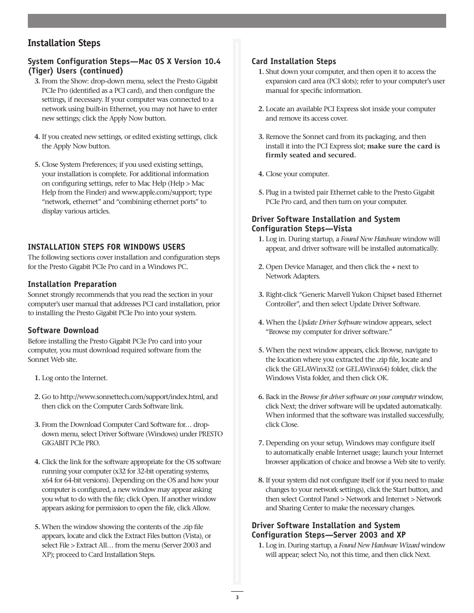 Installation steps | Sonnet Technologies Presto Gigabit PCIe Pro Gigabit Ethernet Adapter Card User Manual | Page 3 / 4