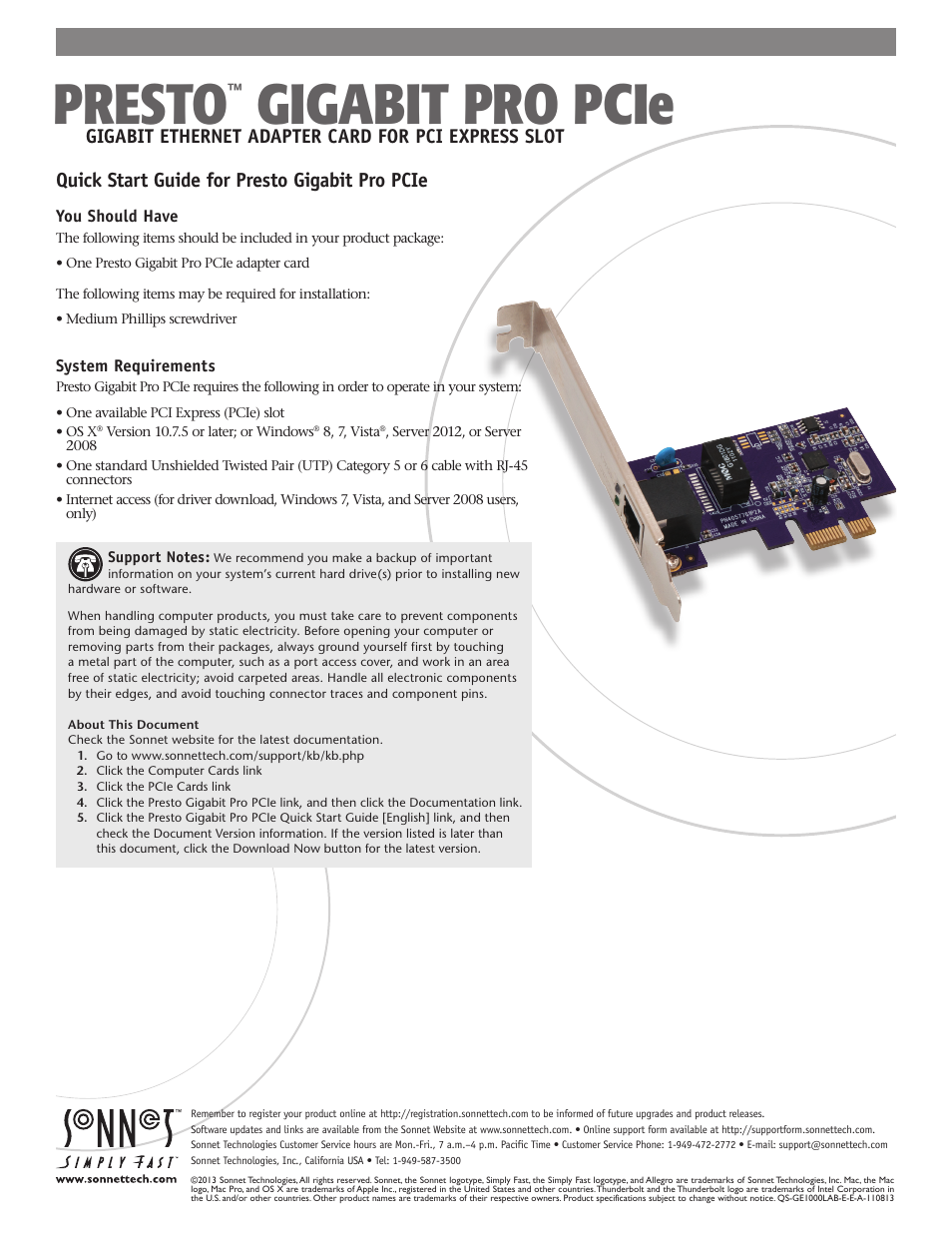 Sonnet Technologies Presto Gigabit Pro PCIe User Manual | 4 pages