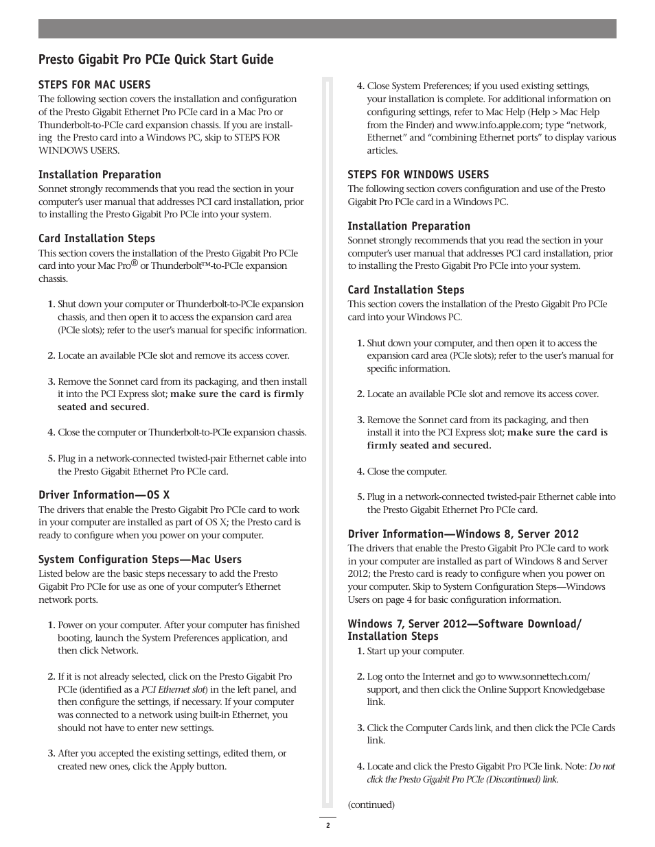 Presto gigabit pro pcie quick start guide | Sonnet Technologies Presto Gigabit Pro PCIe User Manual | Page 2 / 4