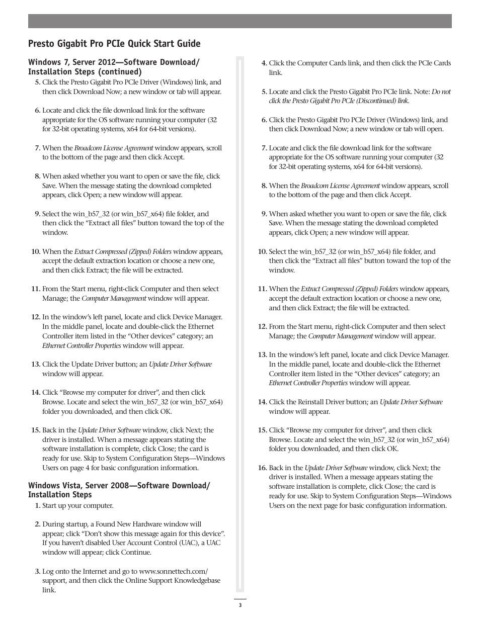 Presto gigabit pro pcie quick start guide | Sonnet Technologies Presto Gigabit Pro PCIe User Manual | Page 3 / 4