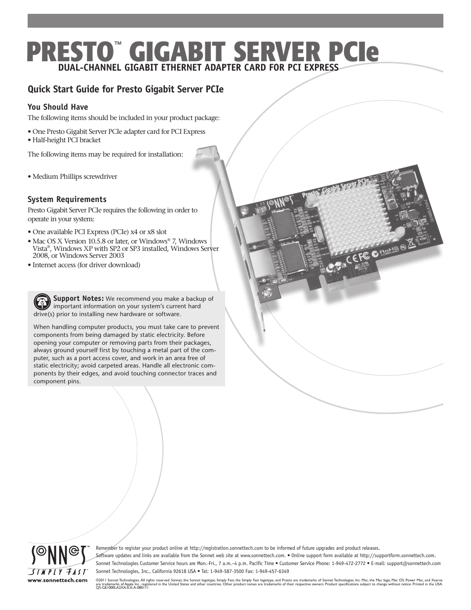 Sonnet Technologies Presto Gigabit Server PCIe User Manual | 4 pages